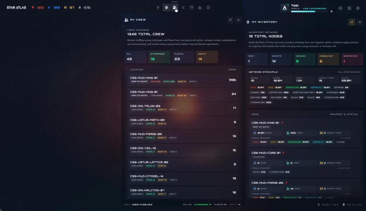 Vista divisa con MY CREW a sinistra e MY INVENTORY a destra: due pannelli affiancati per gestire equipaggio e inventario contemporaneamente — layout split view