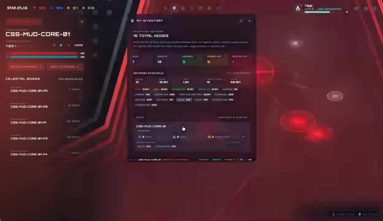 Inventario in modalità fullscreen: Network Stockpile con aggregato di tutte le risorse (Food 12M, Fuel 12M, Ammunition 10M, Repair Kit 12M, Biomass, Carbon, Copper Ore e altre), dettaglio nodo CSS-MUD-CORE-01