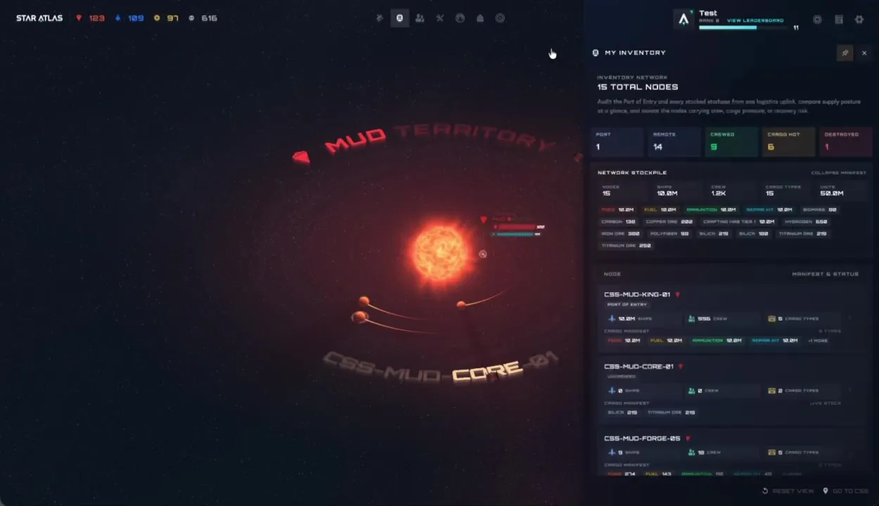 Pannello inventario ancorato a destra: vista sistema stellare MUD Territory 3D a sinistra, pannello MY INVENTORY con 15 nodi a destra — layout right-anchored con mappa galattica visibile