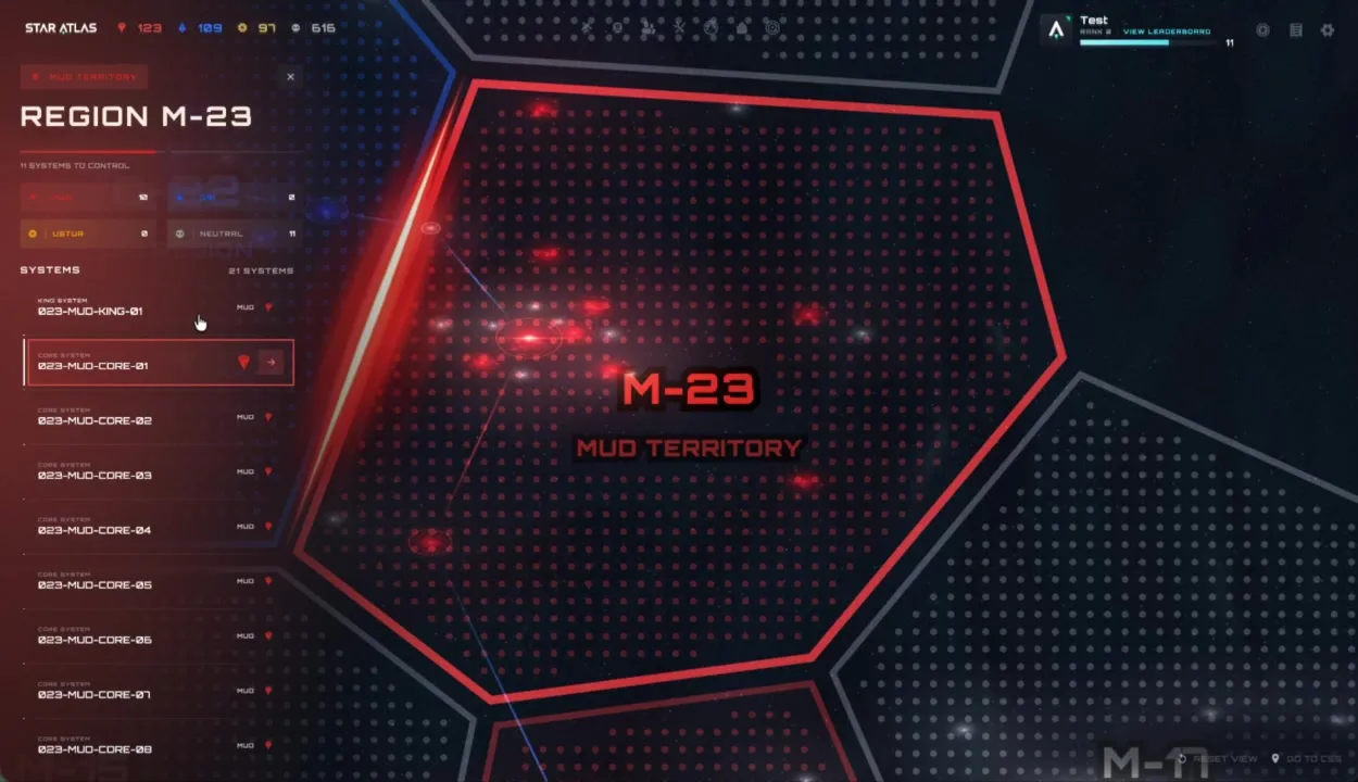 Dettaglio della regione M-23 territorio MUD: pannello laterale con lista dei sistemi stellari, confine esagonale rosso della regione, sistemi adiacenti visibili sullo sfondo