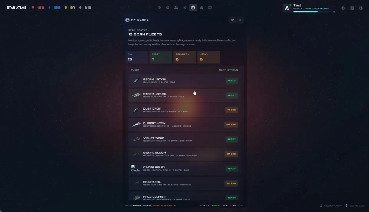 Pannello Scan Control con 13 flotte di scansione: riepilogo (Ready 7, Cooldown 6, Heavy 6), lista flotte con stato READY o timer di cooldown, posizione e numero navi per ciascuna